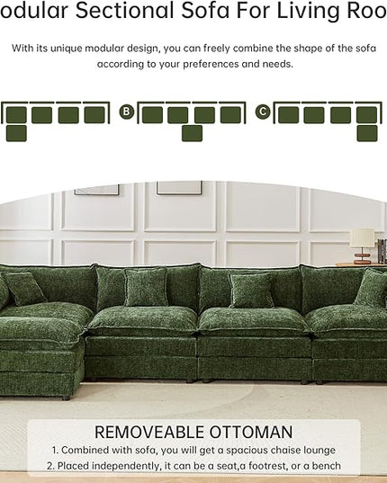 Modular Sectional Sofa, 147.2 Inch L Shaped Couch Set with Armrests, 4-Seater Comfy Cloud Couches with Movable Ottoman for Living Room Apartment, Green