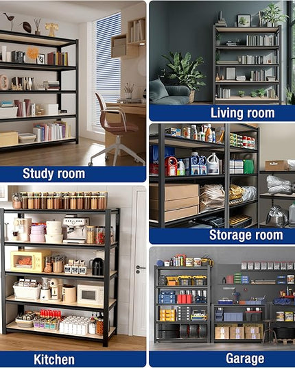 WORKPRO House 5-Tier Shelving Unit, Adjustable Heavy Duty Storage Shelves, Wood Grain Pattern, Waterproof Board, 3000lbs Boltless Shelving for Kitchen, Living Room, Garage, 48"W x 24"D x 72"H, Black