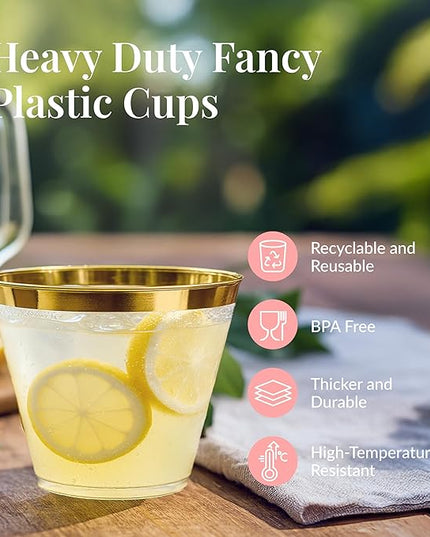 Prestee Hard Disposable Cups - Heavy Duty Fancy Plastic Cups - Plastic Cocktail Drinkware - Disposable Drinking Cup 9 oz - Bulk Drinking Glasses for Wedding - 200ct Gold Tumblers