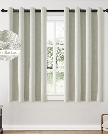ChrisDowa 100% Blackout Greyish Beige Solid Curtains 63 Inches Long 2 Panels for Bedroom Living Room,Farmhouse Room Darkening Thermal Insulated Soundproof Grommet Top Window Treatment Drapes,52x63