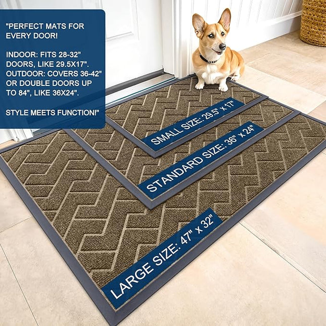 OLANLY Front Door Mat Indoor Outdoor Entrance, Waterproof All-Season, All-Weather Doormat, Sturdy Natural Rubber, Low Profile, Easy Clean Patio Porch Entryway Mat, Herringbone Brick (Brown, 29.5x17)