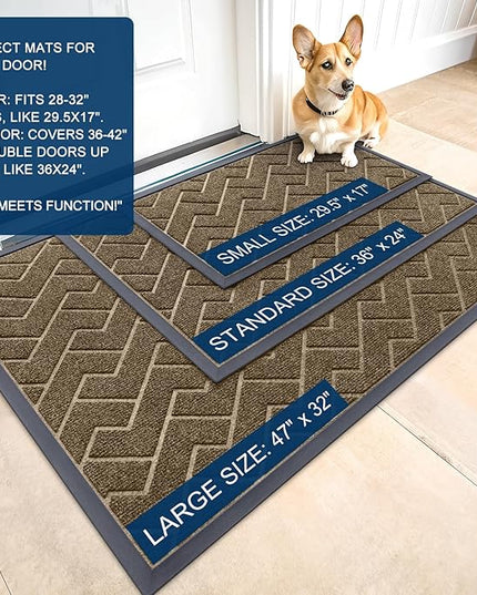 OLANLY Front Door Mat Indoor Outdoor Entrance, Waterproof All-Season, All-Weather Doormat, Sturdy Natural Rubber, Low Profile, Easy Clean Patio Porch Entryway Mat, Herringbone Brick (Brown, 59x35)