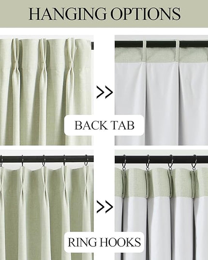 Vision Home Soft Green Pinch Pleated Full Blackout Curtains Linen Blended Room Darkening Curtain Panels 95 inch for Living Room Bedroom Thermal Insulated Pinch Pleat Drapes with Hooks 40" Wx95 Lx2