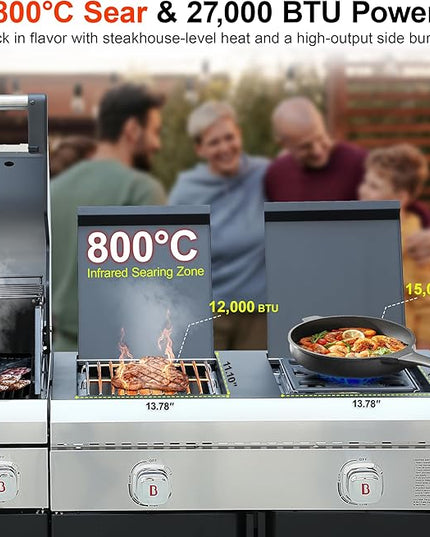 Brand-Man Outdoor Kitchen Island – 5-Burner Gas Grill & Griddle Combo with 800°C Infrared Sear Zone, Dual-Zone Cooktop, Sink & Storage, 995 sq.in Cooking Area, 67,000 BTU Stainless Steel BBQ Station