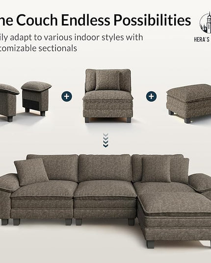 HERA'S HOUSE 124" Modular Sectional Sofa, Oversized Couches for Living Room, Comfy Cloud Couch 3-Seater Deep Seat Sofa with Throw Pillow, Chenille Ash