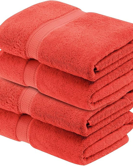Superior Egyptian Cotton Pile Bath Towel Set of 4, Ultra Soft Luxury Towels, Thick Plush Essentials, Absorbent Heavyweight, Guest Bath, Hotel, Spa, Home Bathroom, Shower Basics, Coral