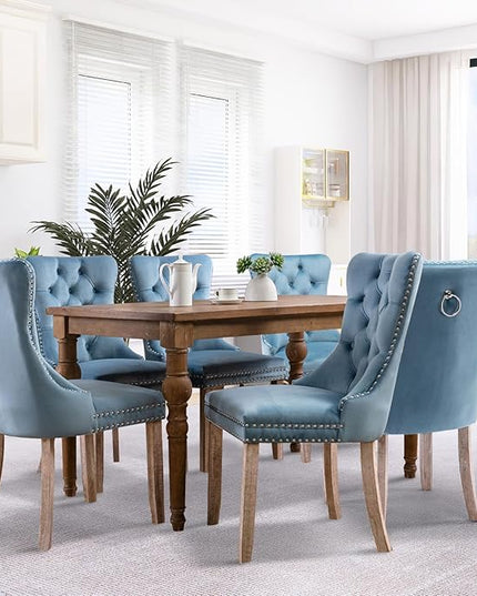 SoarFlash Velvet Dining Chair Set of 8, Upholstered Tufted Dining Room Chair with Nailhead Trim and Solid Wood Leg for Kitchen (Sky-Blue)