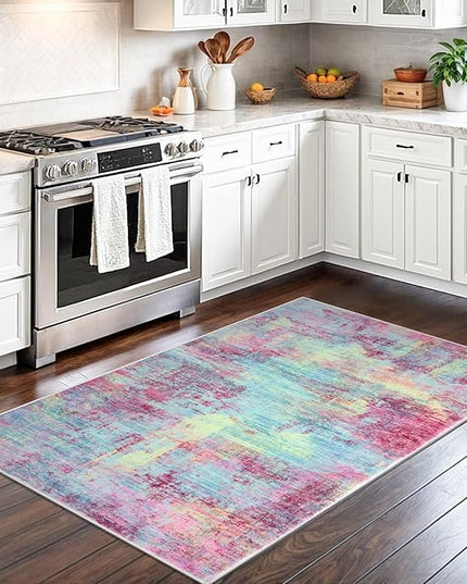 IOHOUZE Abstract Area Rug 3x5 Ft Washable Rugs for Entryway Indoor, Non Slip Kitchen Rug Printed Faux Wool Throw Rugs, Indoor Door Mat for Door Entrance Foyer Living Room, Pink Teal