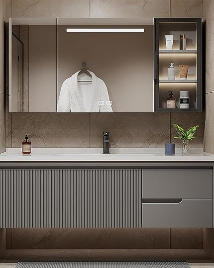 Grey Bathroom Vanity With Sink - 40IN Bathroom Vanity Include Smart Defog Mirror Cabinet & LED Light & 2 Drawers | Side Cabinet Storage Design & Three-Dimensional Stripe Design, Easy to Install