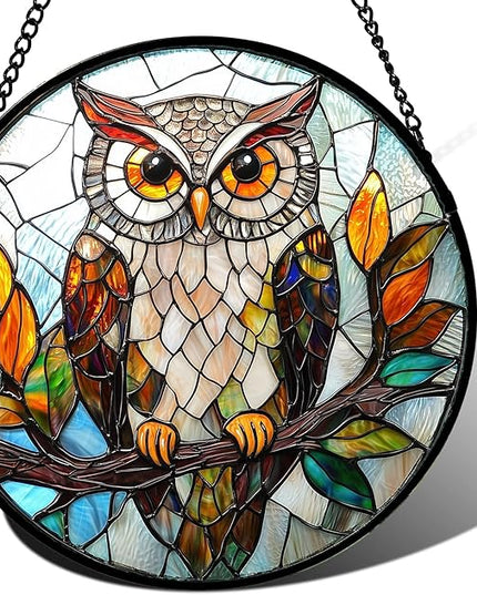 Stained Glass Window Hanging, Owl Colorful Leaves Birds Sun Catchers Diamond Glass Panel Hangings Suncatcher Decor for Birthday for Women, Men, Wife, Aunt, and Mom 7.8 in