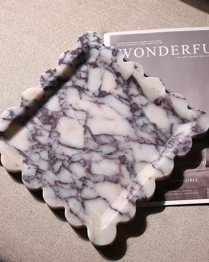 Natural 100% Marble Vanity Tray Luxury Scalloped Marble Storage Square Rectangle Tray for Home Decor Stone Tray for Bathroom Kitchen Candle Key (Square-9.8 * 9.8-Calacatta Viola)