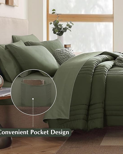 Monbix Twin XL Size Comforter Set - Extra Long 5 Pieces Dorm Bedding Sets, Quilting Design Fluffy Bed in a Bag Twin XL with Sheets, Pillowcase & Sham(Olive Green)