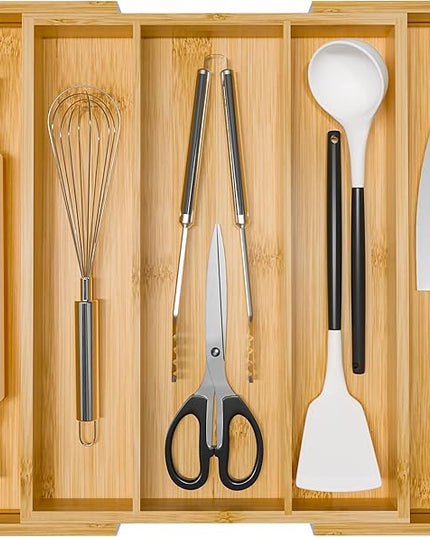 Bamboo Utensil Organizer Cutlery Organizer - Expandable 5 Slots Multipurpose Kitchen Drawer Organizer for Large Cooking Utensils, Baking Tools, Knife Set W13.7"-19.9" x L17.6" X H2.5"(Yellow)