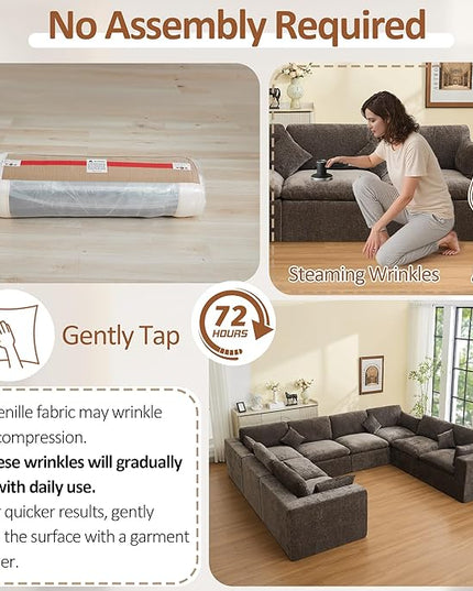 155''Cloud Boneless Sectional Couch, Modular Sectional Sofa Deep Seat, Oversized Upholstered Convertible Comfy 8 Seater Chenille Memory Foam Sofa U Shape Couches for Living Room, Brown