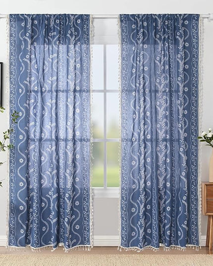 Navy Blue Western Rustic Boho Curtains 96 Inch Length, Farmhouse Linen Floral Curtains for Bedroom Living Room Vintage Printed Patterned Long Curtain Drapes