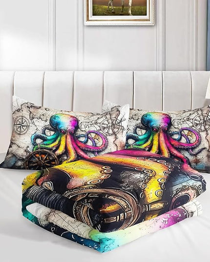 AILONEN Octopus Window Drapes Comforter Set Full Size,Nautical Adventure Map & Ship Wheel Bedding Sets,Ocean Animal Sealife Duvet Set,3-Piece, 1 Quilt and 2 Pillowcases,Soft Microfiber