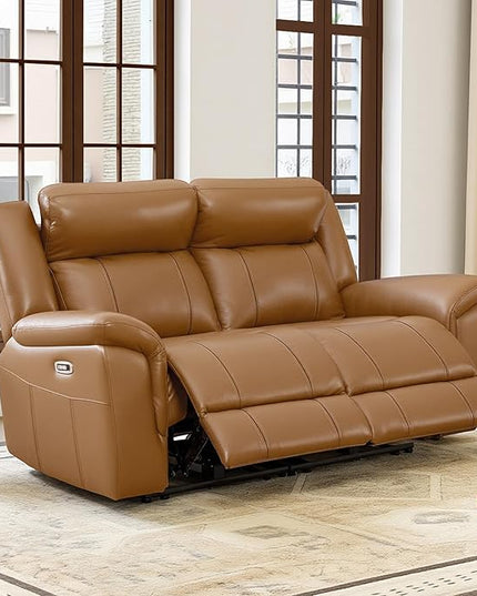 CHITA Genuine Leather Power Recliner Sofa, Wall Hugger Reclining Loveseat with Power Headrest, Charging Ports, Reclining Sectional Couch for Living Room, RV, Saddle