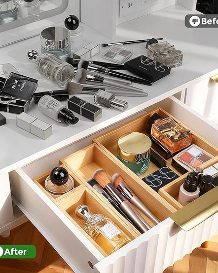 Bamboo Drawer Organizer Set, 14 PCS Multi-Use Individual Wood Storage Organizers, Junk Drawer Divider and Storage Trays Containers for Kitchen, Bathroom, Office Desk, Makeup, Jewelry, Utensils