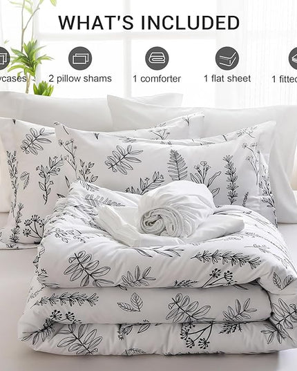 MUXHOMO White Full Comforter Set, Elegant Floral Print Bed in a Bag 7 Pieces, Ultra Soft & Breathable Reversible Botanical Pattern Bedding Set with Comforter, Sheets, Pillowcases, and Shams