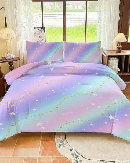 Rainbow Bedding Set Twin Size – 5 Piece Reversible Girls Comforter with Deep-Pocket Sheet, Gradient Galaxy Design, Whole-Piece Filling, Machine Washable Bed-in-a-Bag for Kids Room Makeover & Gifts