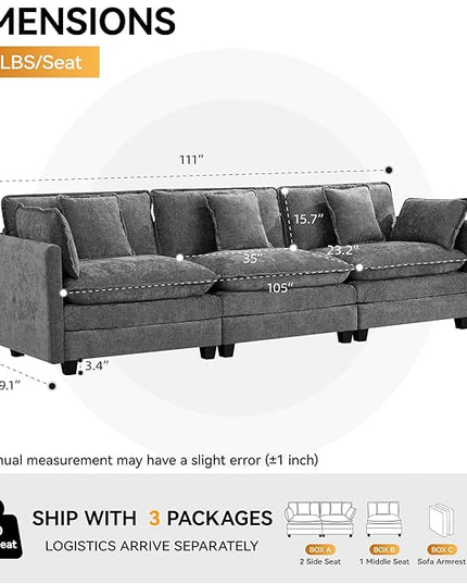 111'' Sectional Cloud Deep Seat Couch, Modern Comfy Chenille Modular Sectional Sofa for Living Room Set, Upholstered Modular 3-Seats Sofa Couch, Grey