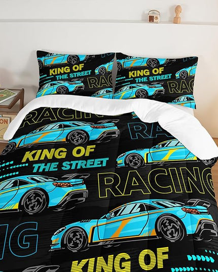 Car Bed for Boys Twin Comforter Set, Kids Racing Car Comforter Extreme Sports Bedding Set for Teens, Cool Blue Themed Children's Bedding with 2 Pillowcases