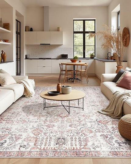 jinchan Kalen Area Rug 9x12 Washable Living Room Rug Vintage Indoor Large Floor Cover Retro Accent Mat Distressed Floral Country Boho Non Slip Thin Carpet for Bedroom Dining Room Office Red Multi