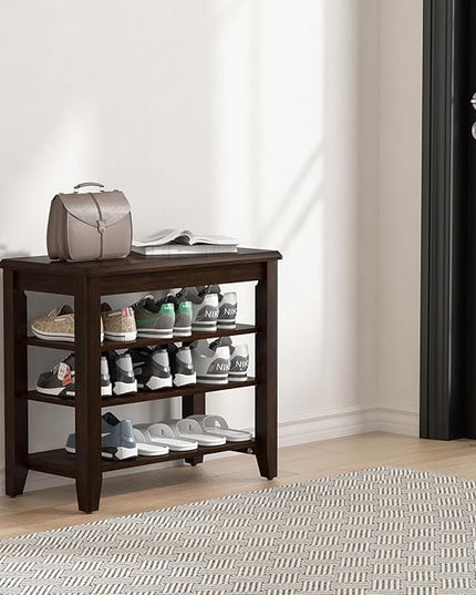 Shoe Bench Storage Rubberwood, Entryway Bench with 3-Tiers Height Adjustable, Shoe Rack Front Door Entrance Organizer for Hallway Living Room, Mudrooms, Walnut,23.6"