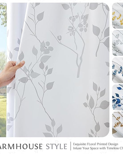 Beauoop Floral 100% Blackout Curtains 63 Inch Length 2 Panels for Bedroom Living Room Grey White Flower Patterned Room Darkening Thermal Insulated Soundproof Grommet Window Treatments Drapes, 52X63