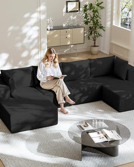 138" Boneless Couches for Living Room, Modular Cloud Couch Sofa - 5 Pieces U Shap Corduroy Sectional Sofa, Fluffy Memory Foam Sleeper Sofa Furniture, No Assembly, Wide Armrest, Black