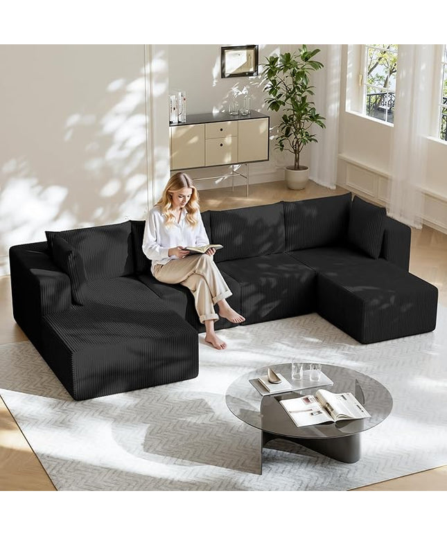 138" Boneless Couches for Living Room, Modular Cloud Couch Sofa - 5 Pieces U Shap Corduroy Sectional Sofa, Fluffy Memory Foam Sleeper Sofa Furniture, No Assembly, Wide Armrest, Black