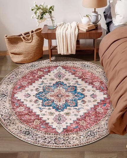 Ciicool Boho Area Rug 4x4ft Round Washable Bedroom Non-Slip Vintage Entryway Throw Low-Pile Indoor Carpet for Living Room Foyer