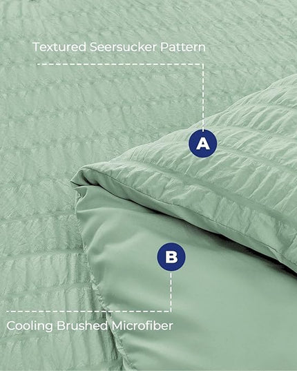 HYMOKEGE Sage Green King Size Comforter Set Seersucker 7 Pieces, All Season Luxury Bed in a Bag for Bedroom, Bedding Set with Comforters, Sheets, Pillowcases & Shams