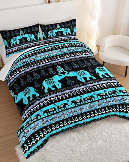 Western Comforter Set King Size Elephant Print Bedding for Kids,Blue Series Animal Themed Bedding Set for Boys Girls Room Decor,Boho Bedding Comforter Sets with 2 Pillowcases.