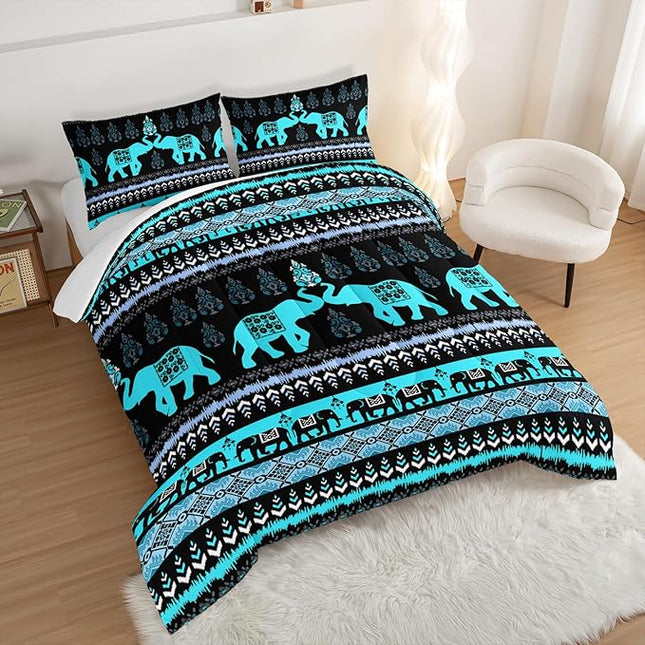 Western Comforter Set King Size Elephant Print Bedding for Kids,Blue Series Animal Themed Bedding Set for Boys Girls Room Decor,Boho Bedding Comforter Sets with 2 Pillowcases.