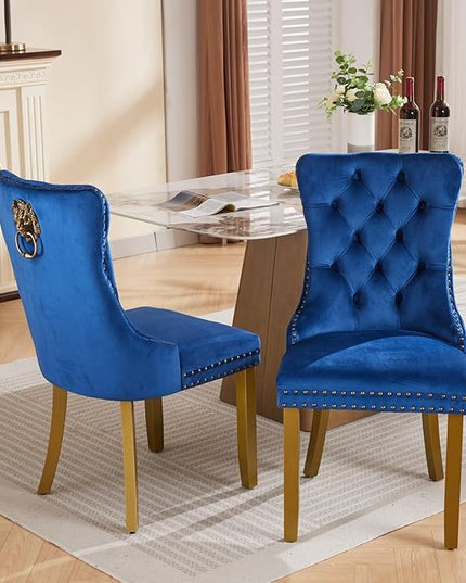 Modern 7-Piece Glass Dining Table Set for 6, Modern 60" Rectangle Gold Glass Dining Room Table Set with Blue Velvet Tufted Chairs Wood Legs for Kitchen Dining Room
