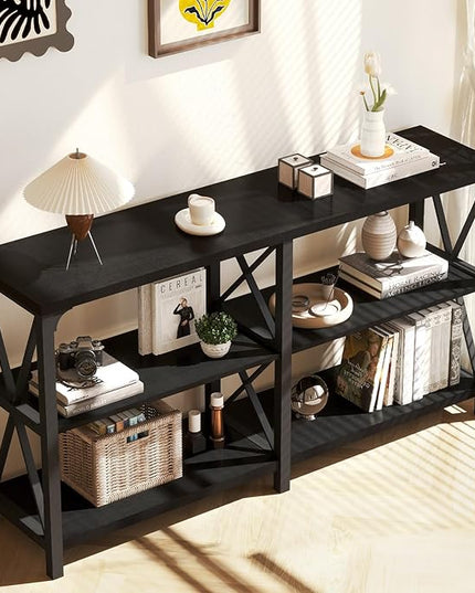 LVB Black Console Table, Modern Entryway Table with 3 Tier Storage Shelves, Industrial Sofa Table Behind Couch for Living Room, Farmhouse Wood Metal Entry Table for Hallway Foyer, Black Oak, 55 Inch