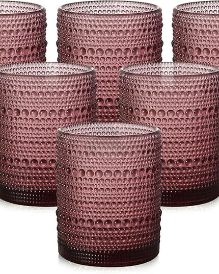Vintage Glassware Drinking Glasses Set of 6,12 oz Hobnail Glass Cups,Embossed Purple Water Tumbler,for Beer,Cocktail,Whiskey,Juice and Various Mixed Drinks- 1 Cleaning Brush