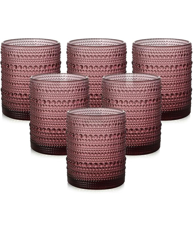 Vintage Glassware Drinking Glasses Set of 6,12 oz Hobnail Glass Cups,Embossed Purple Water Tumbler,for Beer,Cocktail,Whiskey,Juice and Various Mixed Drinks- 1 Cleaning Brush
