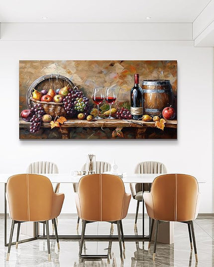 XIGUANGART Kitchen Wall Art Grape Barrel Painting Red Wine Glass Fruit Artwork Prints for Dinning Room Bar Canvas Wall Decor for Living Room Food Still Life Abstract Picture Home Decoration 20x40IN