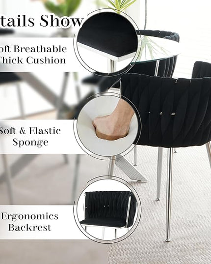 Modern Luxury Round Glass Dining Table Set for 4, 39'' Clear Circle Glass Top Kitchen Set, 5 PCS Small Minimalist Circular Dinner Room Set, Black Woven Chair, for Breakfast Nook (Silver)