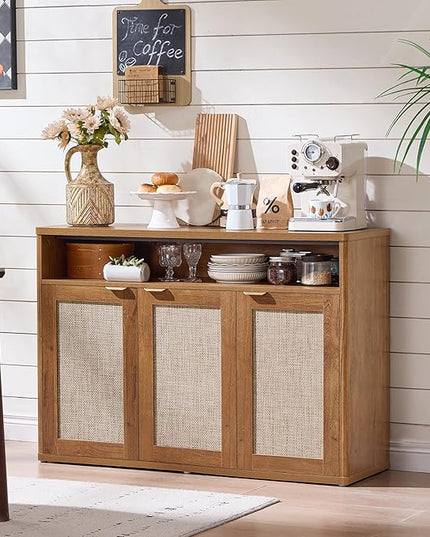 LEYAOYAO Rattan Sideboard Buffet Cabinet,45" Coffee Bar Cabinet with 3 Doors & Open Storage Shelf,Modern Credenza Console Table for Living Room Rattan Farmhouse entryway Brown