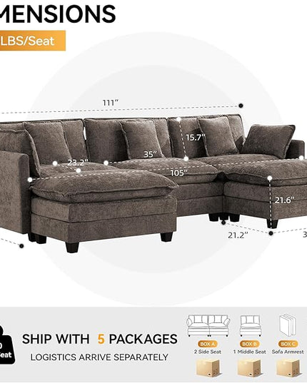 111'' Sectional Cloud Deep Seat Couch, Oversized Chenille U Shaped Sectional Sofa for Living Room Set, Comfy Upholstered Modular 3-Seats Sectional Sofa Couch with 2 Movable Ottoman, Brown