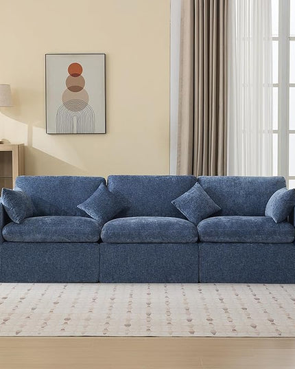 115''Cloud Boneless Sectional Couch, Modular Sectional Sofa Deep Seat, Oversized Upholstered Convertible Comfy 3 Seater Chenille Memory Foam Sofa Couches for Living Room, Blue