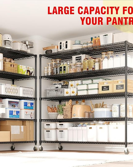 GarveeHome 82"H Storage Shelves with Wheels, 5-Tier Metal Shelving Unit Heavy Duty 3300LBS Load, Adjustable Garage Shelving Wire Rack Shelves, for Pantry Room,Kitchen, Warehouse, Basement,24"D x 59"W
