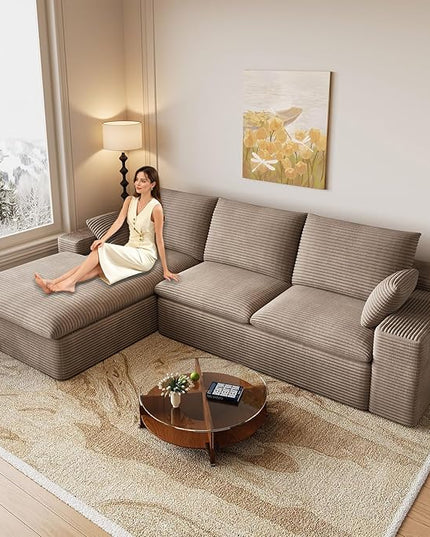 107" Cloud Couch Modular Sectional Sofa for Living Room, L-Shape Boneless Couch with Deep Seat, Modern Corduroy 3-Seater, No Assembly Required (Camel,Left-Facing Chaise)