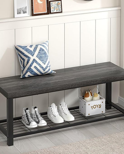 FOLUBAN Shoe Storage Bench, Modern Entryway Bench with Metal Shelf, Industrial Indoor Shoe Bench Seat for Bedroom, Hallway, Living Room, Dark Gray, 47 Inch