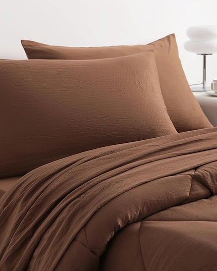NTBAY Twin Comforter Set with Sheets, 5 Pieces Soft and Breathable Twin Bedding Set, Twin Bed in a Bag, Down Alternative Comforter Set Solid Color All Season, Kids Bedding Set, Brown