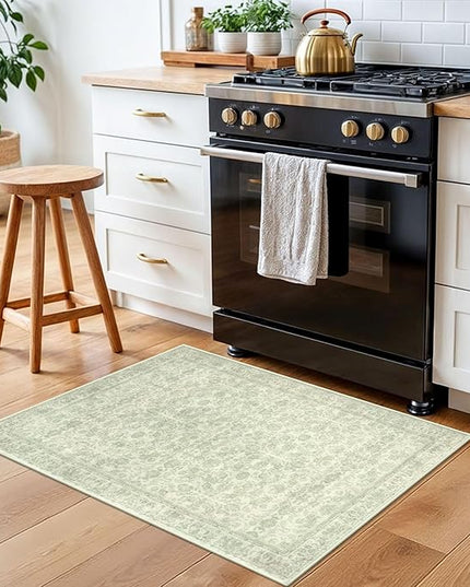 2x3 Washable Rug Soft Area Rug for Entryway, Light Sage Green and Ivory Non-Slip Indoor Door Mat Floral Low-Pile Kitchen Rugs, Neutral Vintage Carpet for Entrance Kitchen Bedside Farmhouse