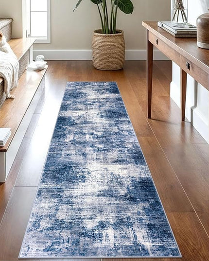 IOHOUZE Abstract Runner Rug 2x8 Ft Washable Runners for Hallways, Non Slip Kitchen Runner Printed Faux Wool Entryway Runner Indoor, Modern Abstract Floor Carpet for Hall Kitchen Bedroom, Navy/Grey